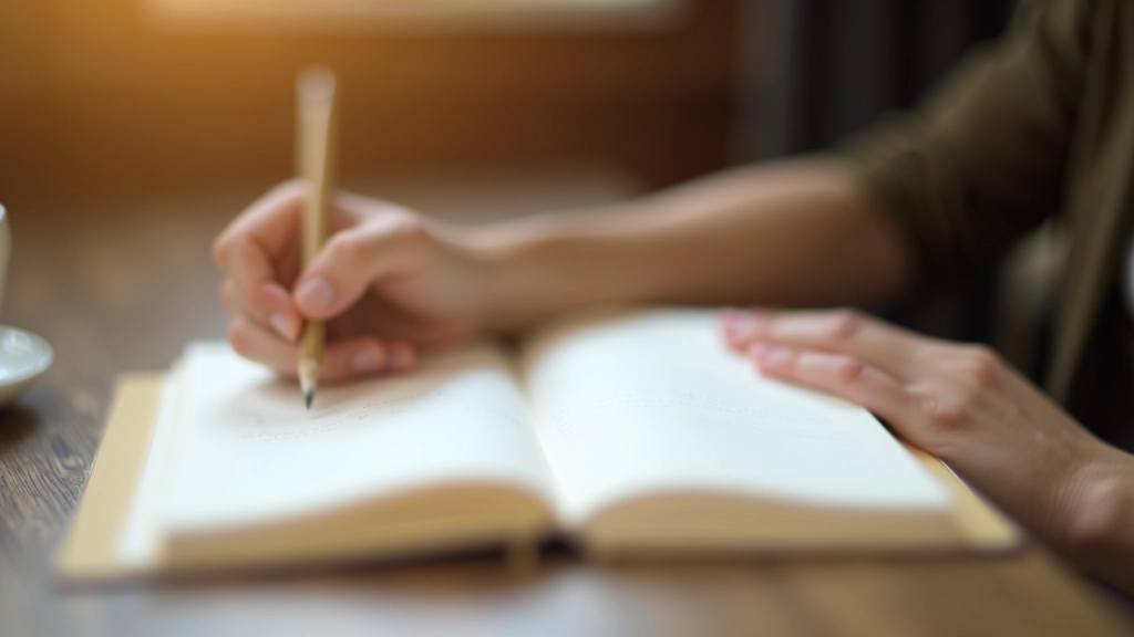 Nahaufnahme eines offenen Notizbuchs mit handgeschriebenen Gedanken, Bleistift daneben, warme natürliche Beleuchtung