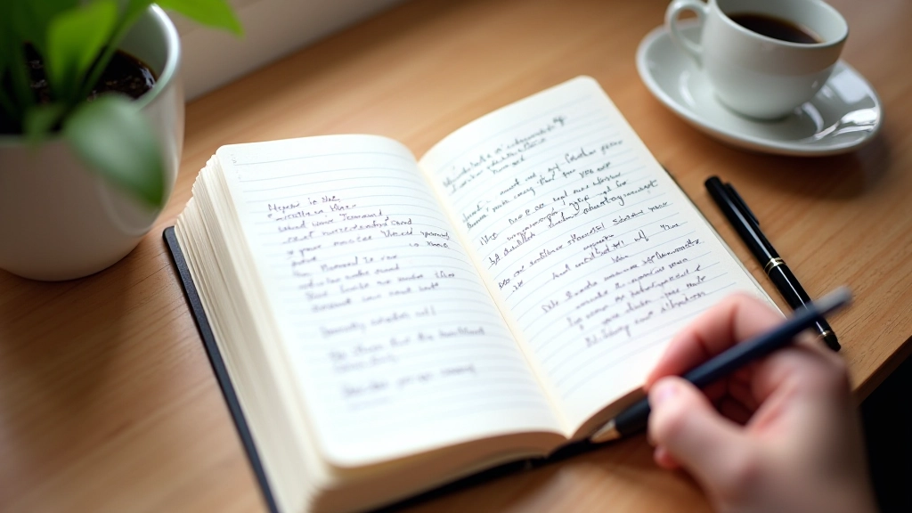 Offenes Journal mit handgeschriebenen Notizen auf einem Holztisch, Kaffee daneben, von oben fotografiert