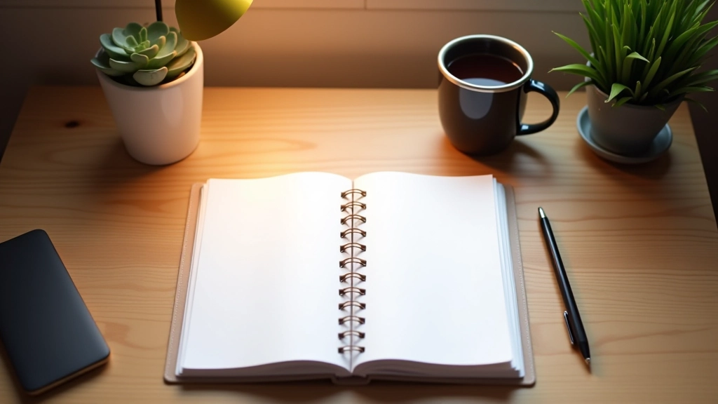 Arbeitsplatz mit strukturiertem Planer, Kaffee und Pflanze, warme Beleuchtung von oben