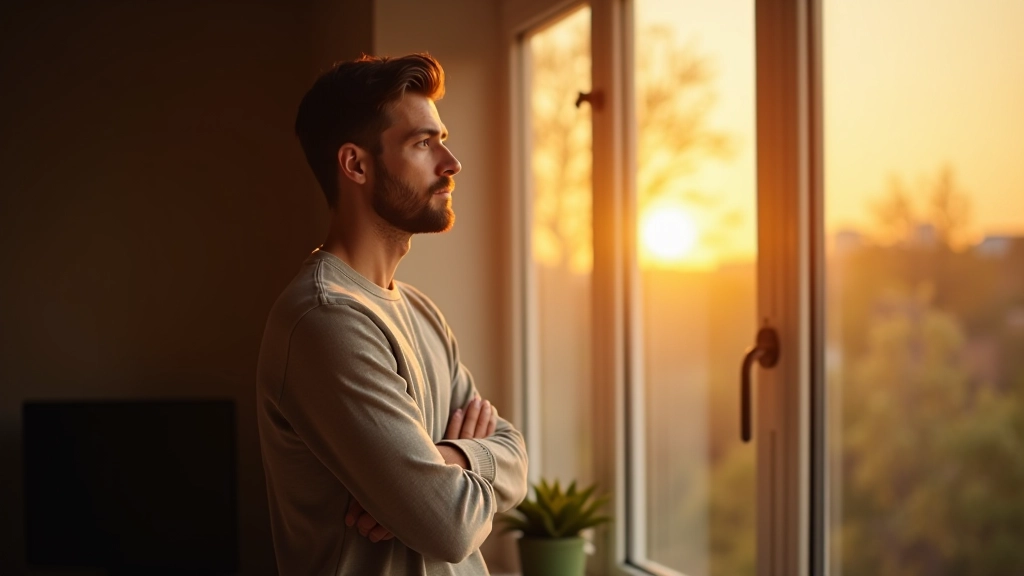 Inspirierende Aufnahme eines Menschen, der nachdenklich aus einem Fenster blickt, warmes Licht, friedliche Atmosphäre