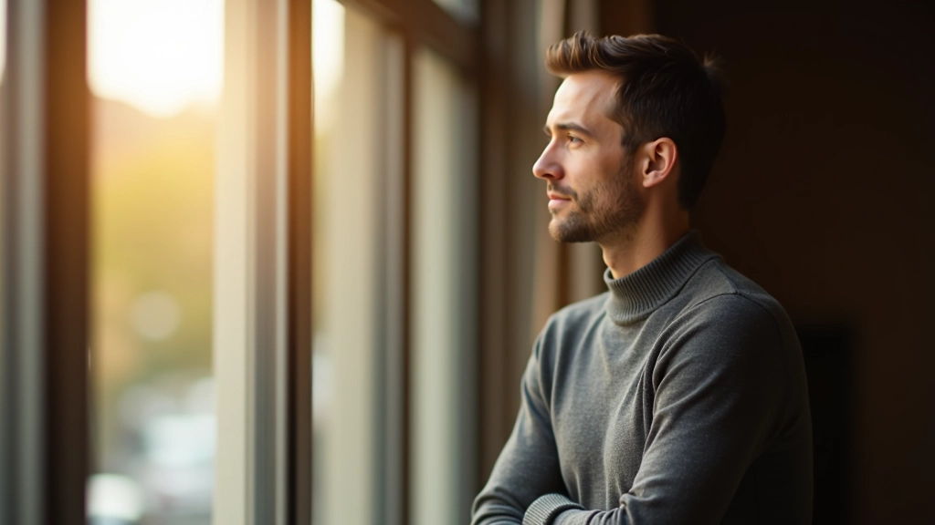 Person steht am Fenster und blickt nachdenklich in die Ferne, warmes Licht, Portrait von der Seite